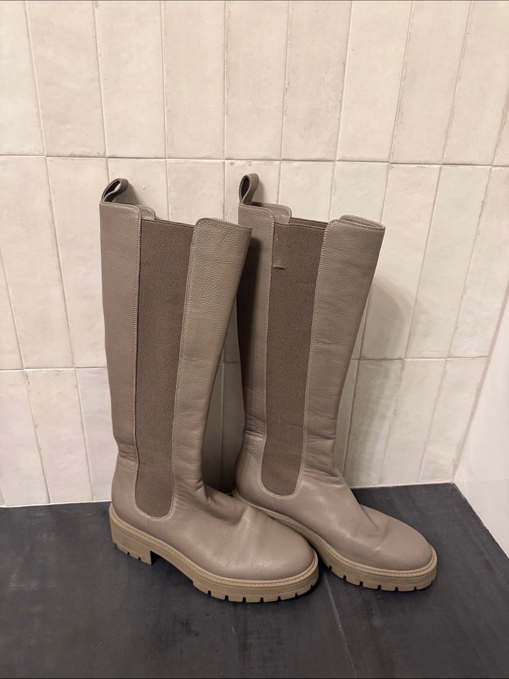 Aquazzura Taupe Knee-High Lug-Sole Chelsea Boots